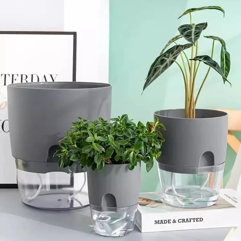 Vaso de flores com rega automática, vaso de plantas hidropônicas de plástico, transparente, camada dupla, corda de algodão, rega, plantadores suculentas em vaso
