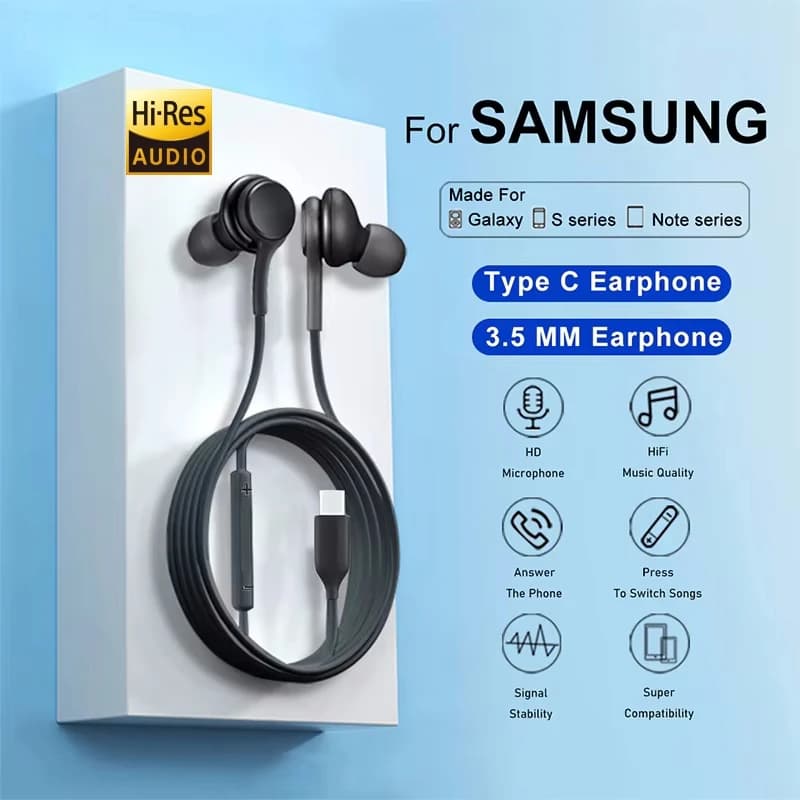 Fone de ouvido com fio tipo C preto para Samsung S series com caixa de exibição