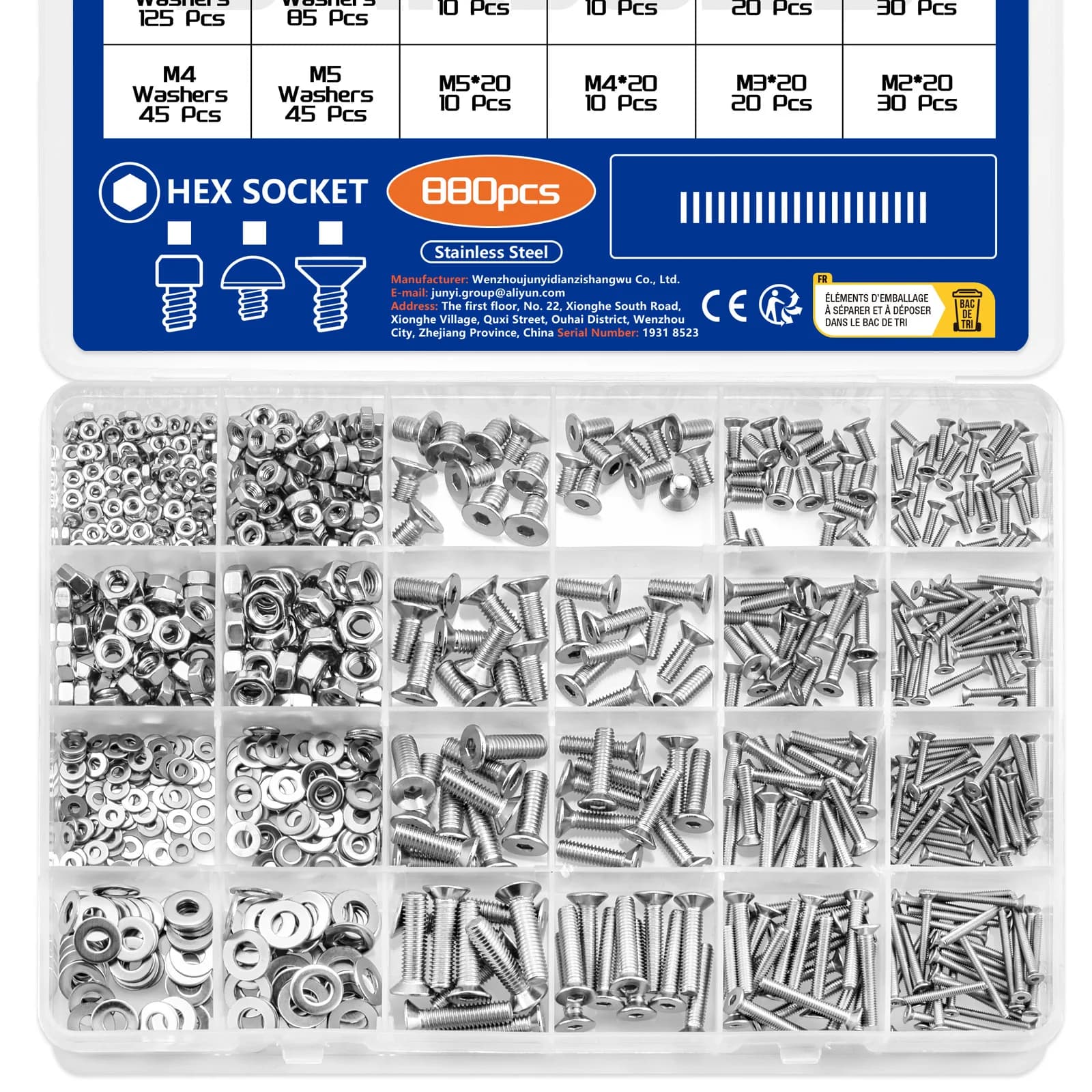 Kit de parafusos de aço inoxidável 304 com 880 peças em compartimentos transparentes