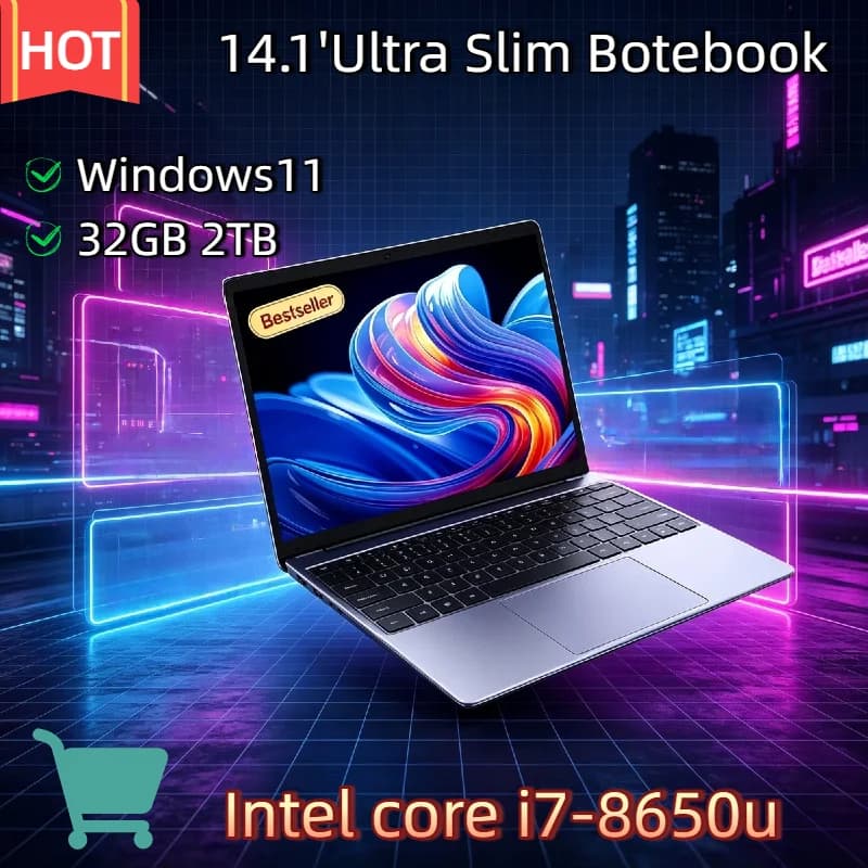 Notebook gamer ultrafino Intel Core i7 14.1 polegadas com Windows 11, 32GB, 2TB