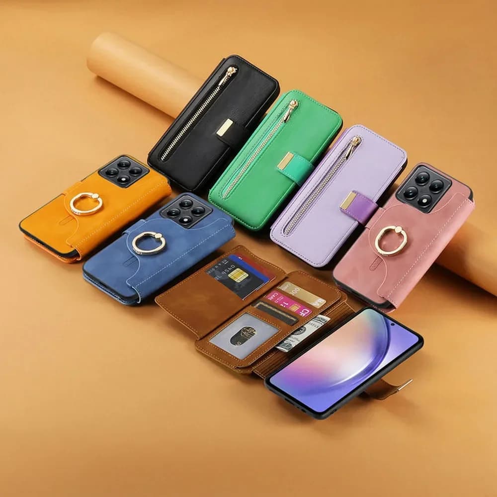 Capas carteira com zíper em couro coloridas para Xiaomi Redmi Note 14 com compartimentos para cartões