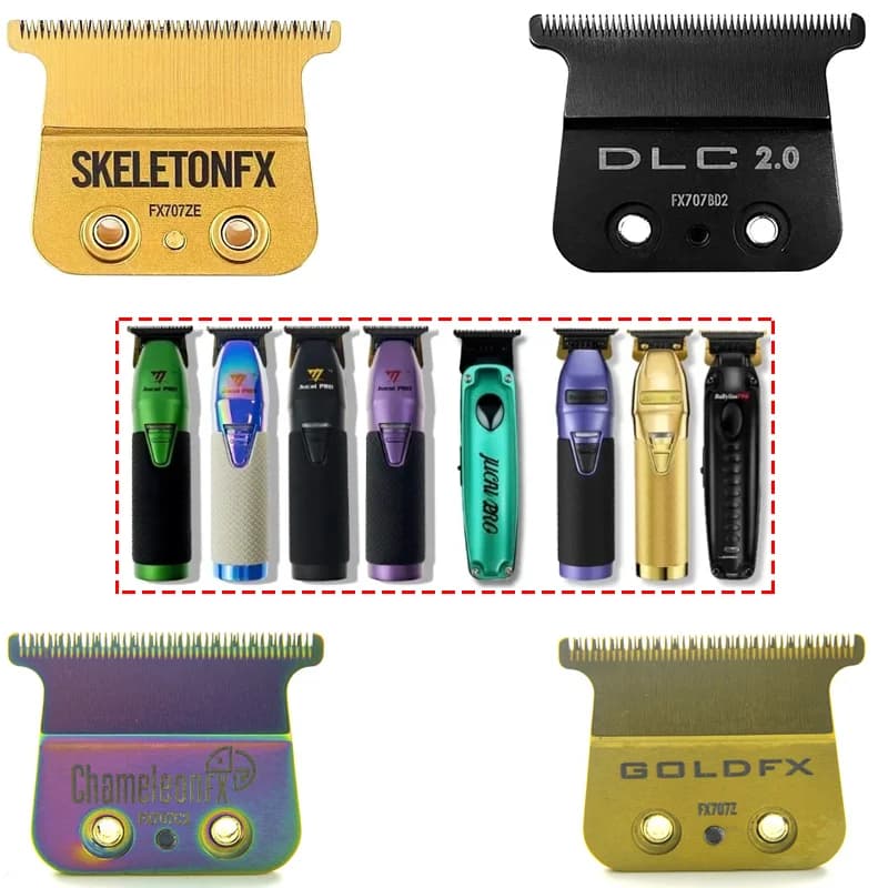 Várias lâminas de barbeador em cores diferentes, incluindo 'SKELETONFX', 'DLC 2.0', 'GOLDFX' e 'CHAMPIONEFX'.