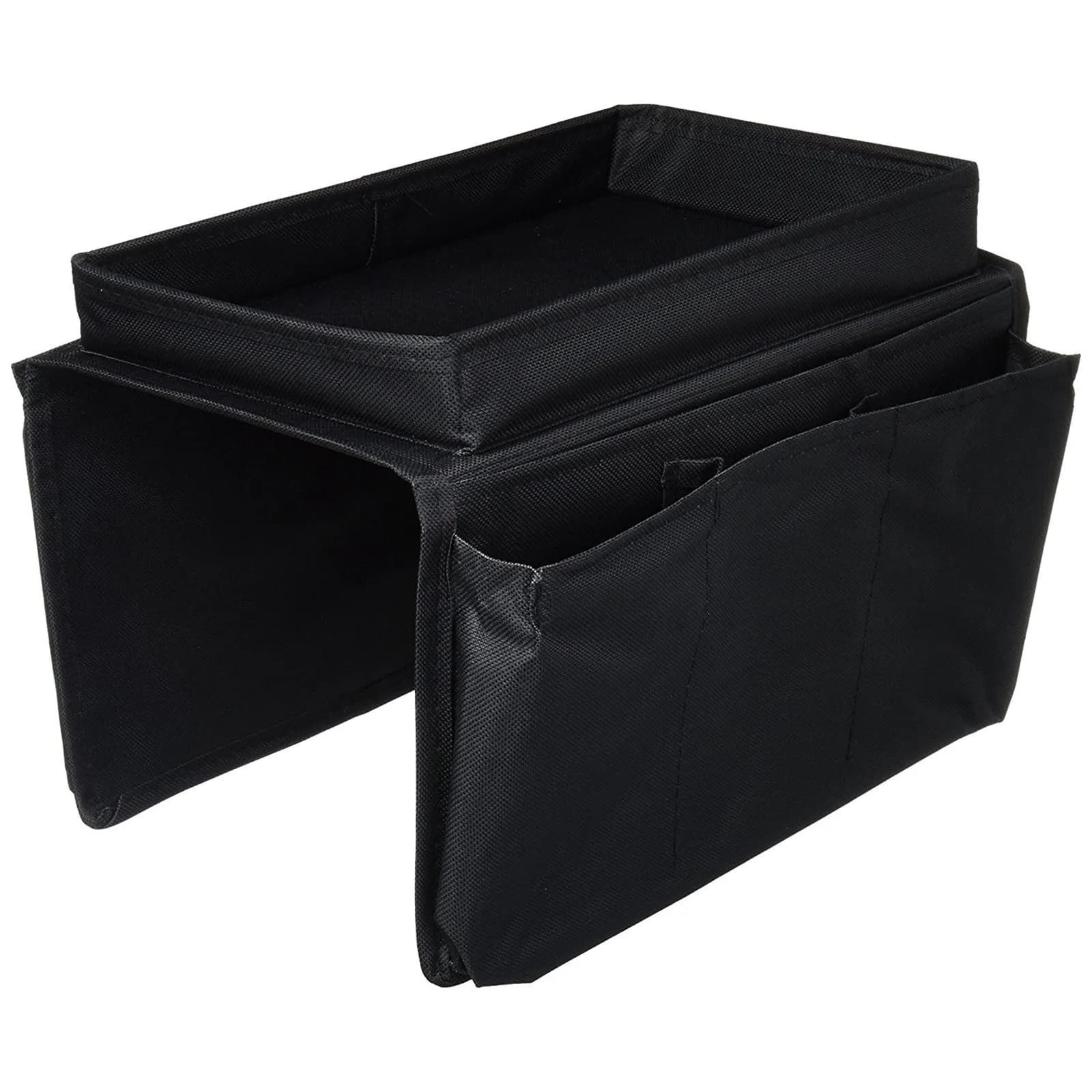 Bolsa organizadora doméstica preta para sofá em tecido resistente com múltiplos bolsos laterais