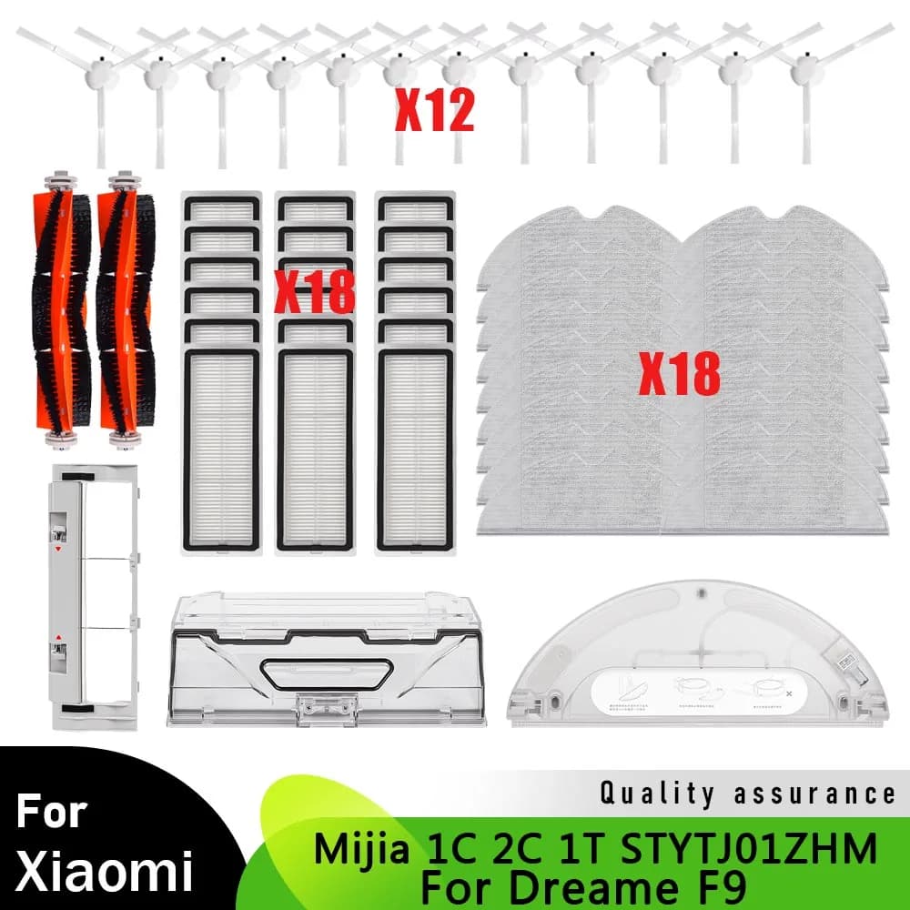 Kit de acessórios para aspirador Dreame F9 e Mijia 1C 1T com 12 escovas laterais, 18 filtros HEPA, mop, escova principal, tanque de água e base.