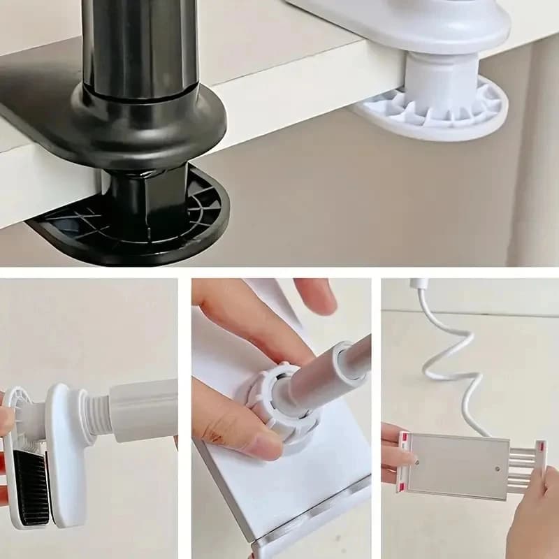 Detalhes do suporte de telefone com fixação em mesa e encaixe do braço flexível branco