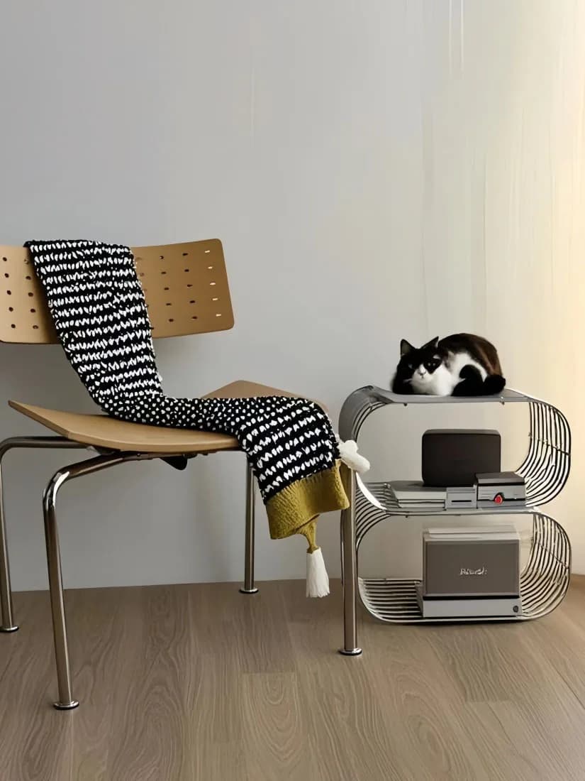 Estante de parede metálica prata com 2 andares usada como mesa lateral ao lado de cadeira e gato em ambiente moderno