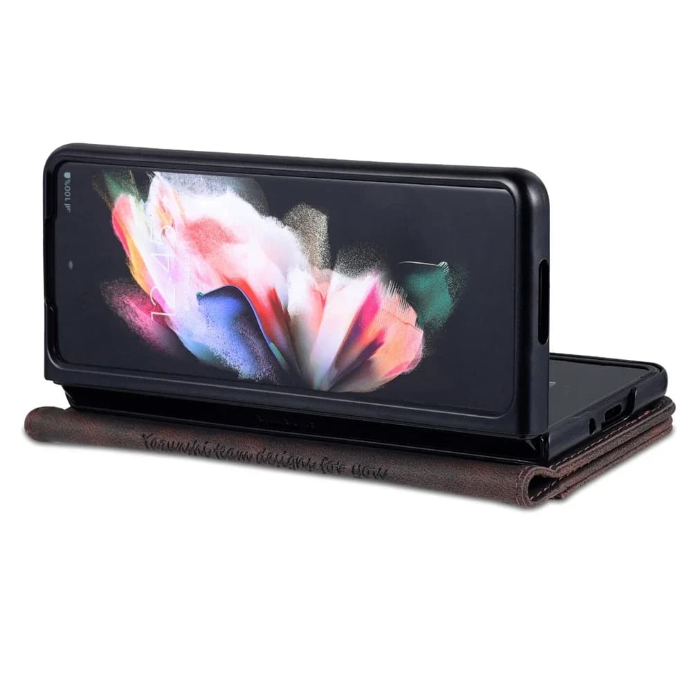 Capa carteira flip preta em couro para celular Galaxy Z Fold 7 com suporte para vídeo
