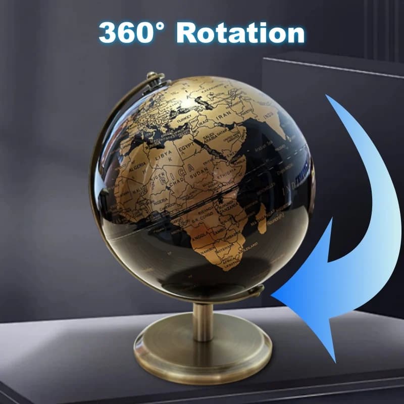 Globo terrestre decorativo luxo preto e dourado com rotação 360 graus para escritório