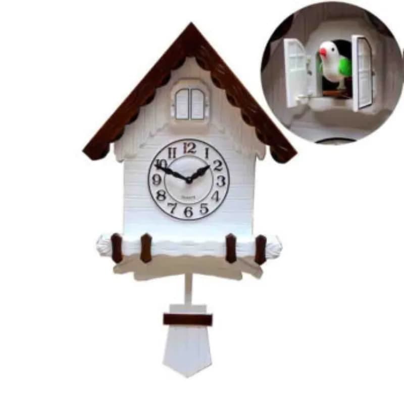 Relógio de parede cuco vintage branco com cuco verde e preto