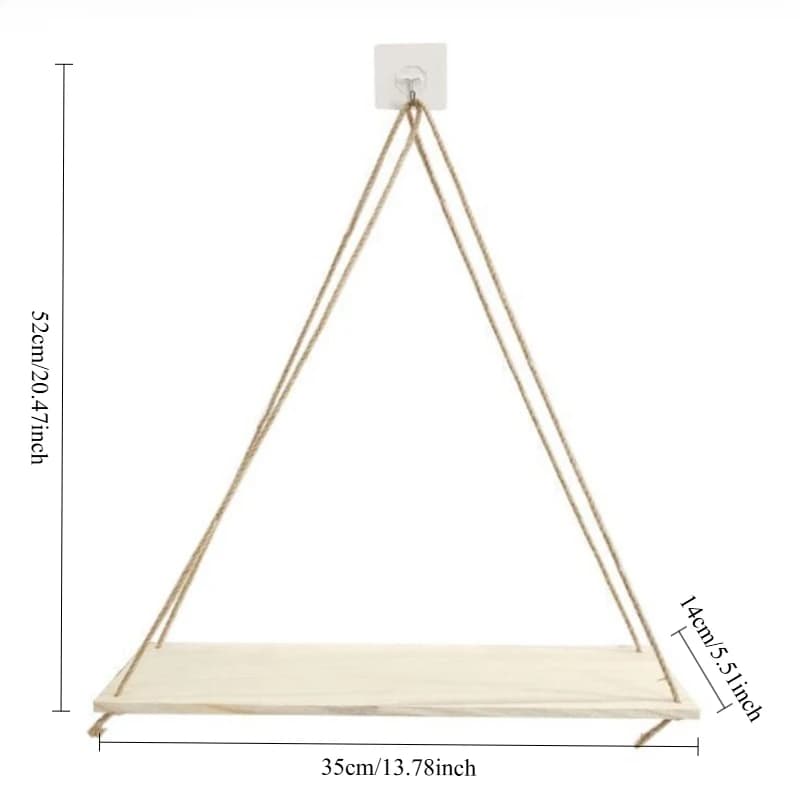Prateleira suspensa de madeira clara com corda de cânhamo, medidas 35x14x52 cm para decoração