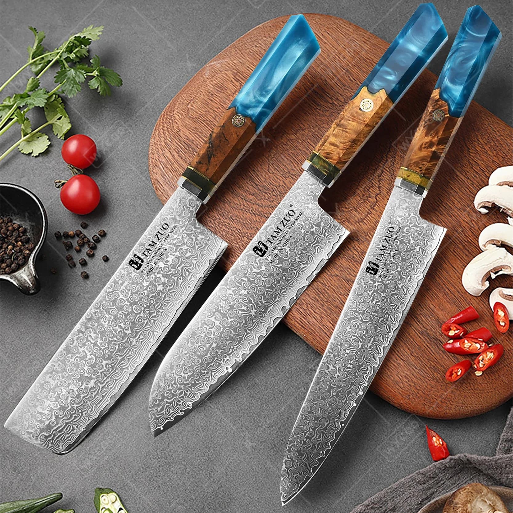 Conjunto de facas Wxcoo Kiritsuke em aço damasco com cabo azul e madeira para cozinha