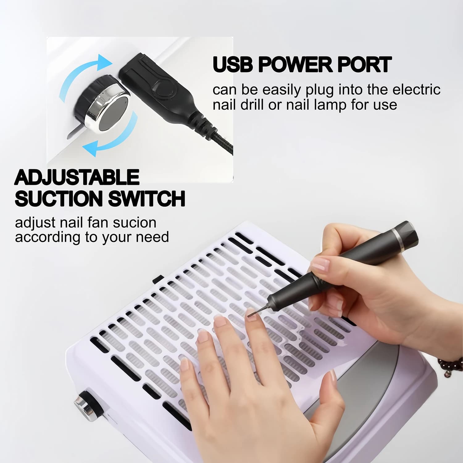 Removedor de pó de unhas branco com base de sucção e bico preto