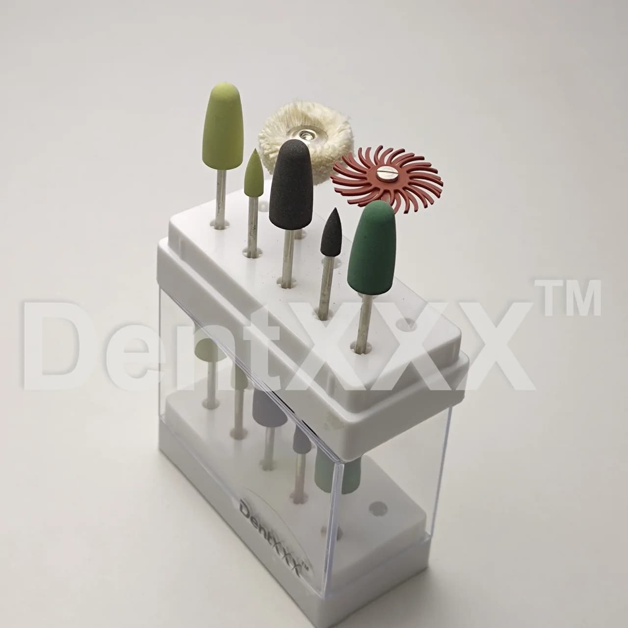 Kit de polimento profissional com 7 peças em suporte branco transparente com brocas de silicone e polidor de lã