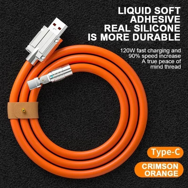 Cabo de carregamento USB Tipo C laranja em silicone resistente com conector rotativo e alta potência 120W