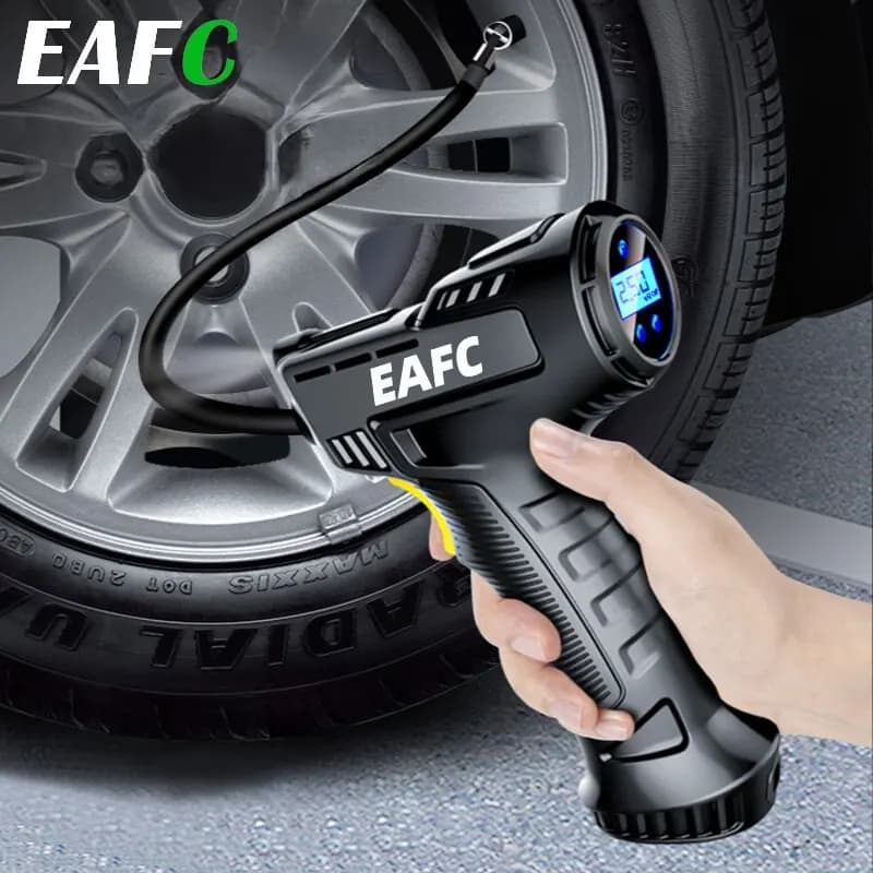Compressor de ar portátil preto conectado ao pneu de carro com display digital