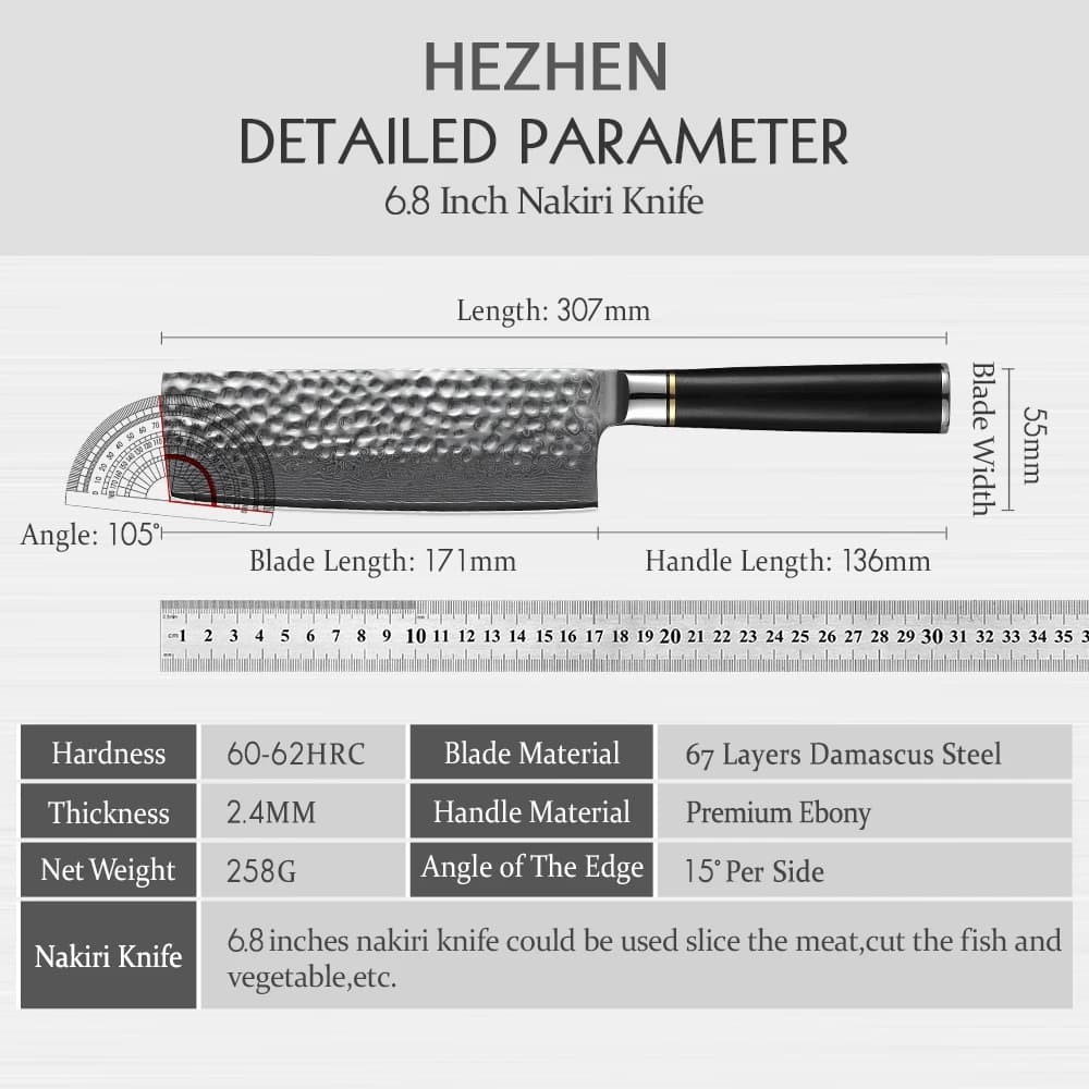 Detalhes técnicos da faca Nakiri Hezhen 6.8 polegadas lâmina 171mm cabo 136mm aço damasco 67 camadas