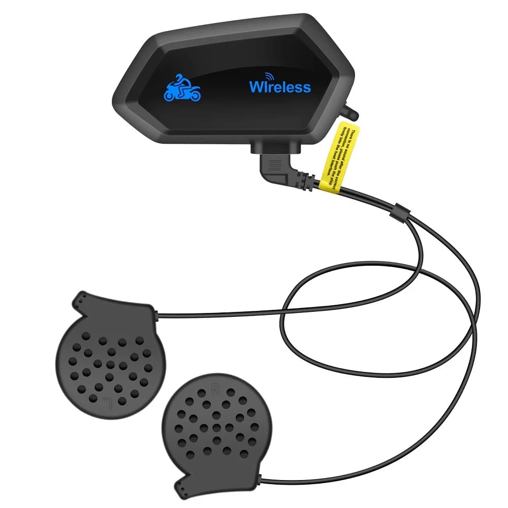 Fones de ouvido sem fio para capacete de motocicleta, com controles de volume e botão de chamada, cor preta.