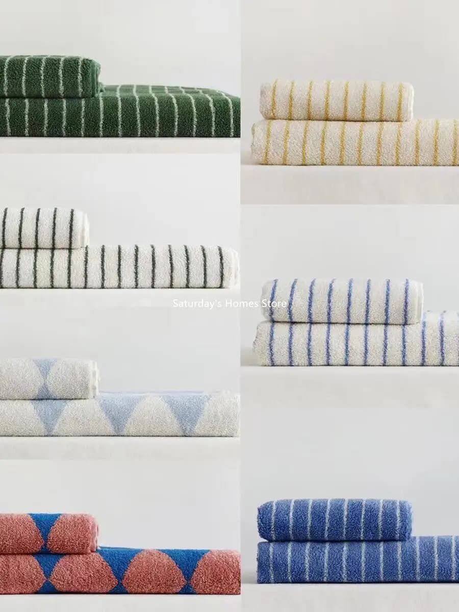 Toalhas de algodão geométricas listradas e geométricas, cores verde, amarelo, azul, rosa e branco.