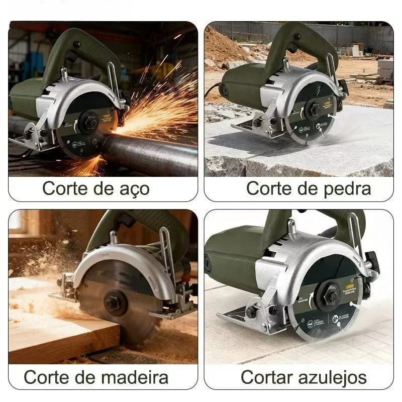 Serra de mármore profissional 1300W 13000 RPM em uso, disco de corte preto, parte principal verde e prata, oficina de fundo.