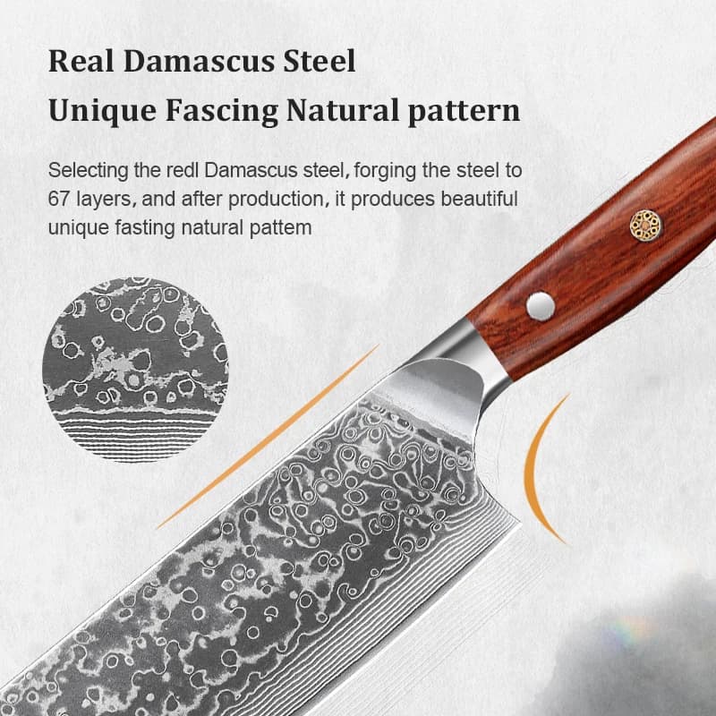 Lâmina de aço damasco real com padrão natural único na faca Nakiri profissional de 7 polegadas