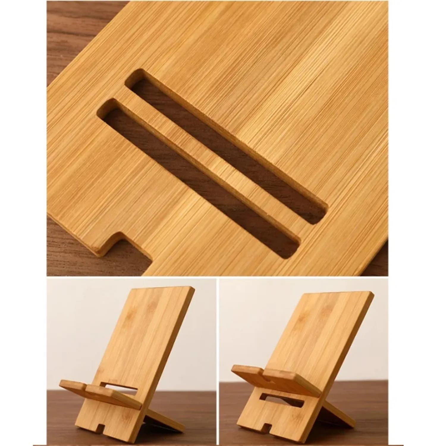 Detalhes do suporte para celular de bambu marrom mostrando encaixes e base ajustável