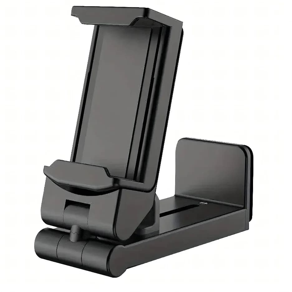 Suporte universal para celular dobrável preto com rotação 360 graus em fundo branco