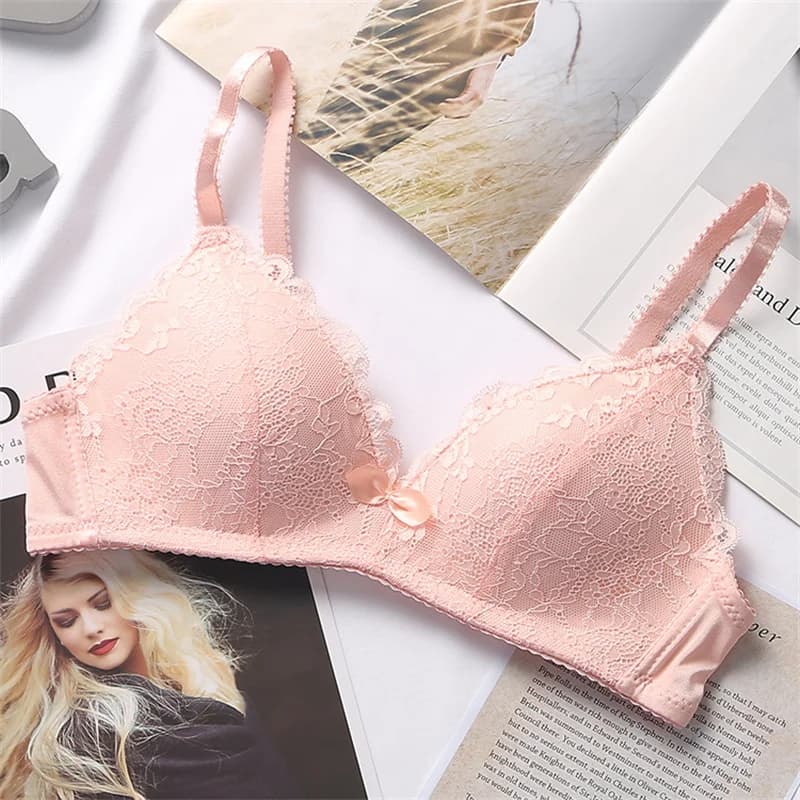 Sutiã feminino de renda rosa claro com laço frontal
