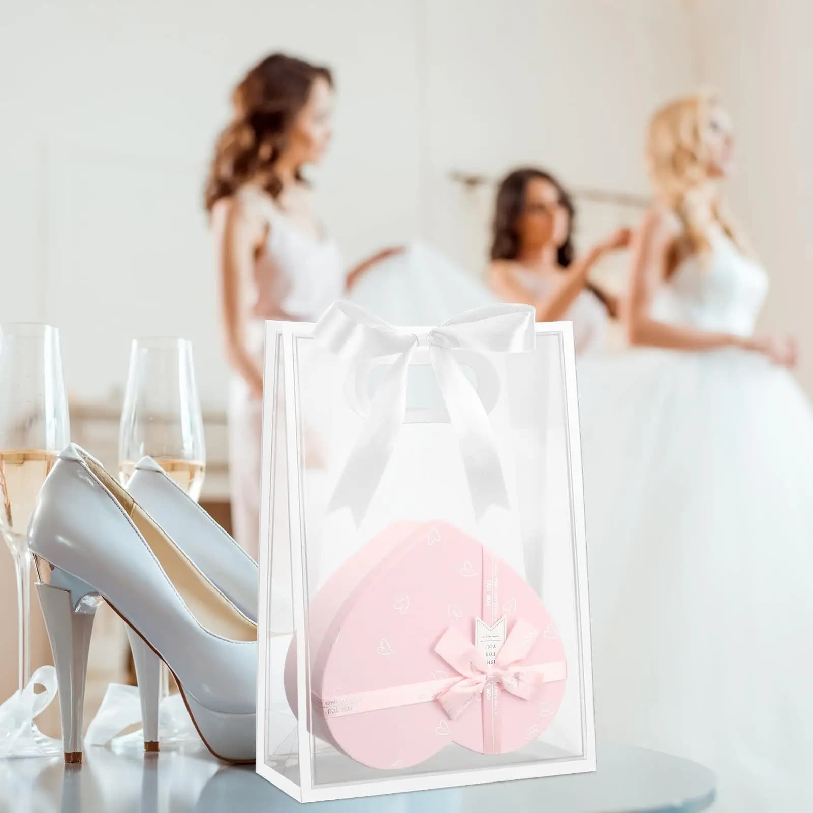 Saco de presente reutilizável Jácotei transparente com alças e fita branca, embalagem elegante para presente