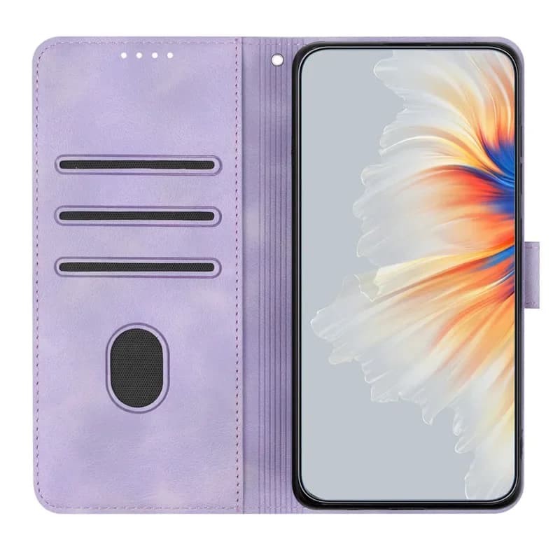 Interior da capa lilás para Xiaomi Poco F6 com suporte magnético, porta cartões e compartimento para celular