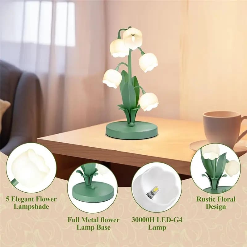 Luminária de Mesa Vintage AB08 com Flores para Casa, 5 Lâmpadas de Lírio do Vale, 3 Modos de Cor, Luminária de Cabeceira para Quarto, Plugue Americano