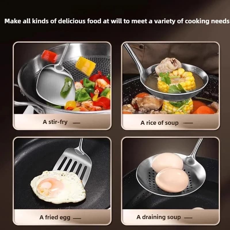 Conjunto de utensílios inox prata usado para mexer, servir sopa, fritar ovo e escorrer alimentos