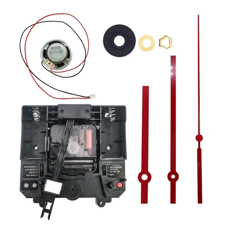Conjunto de peças de reparo de relógio de parede com mecanismos, ponteiros e eixos