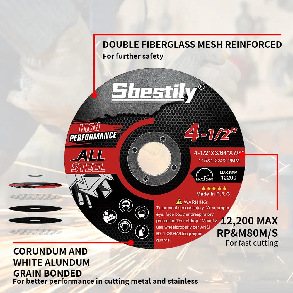 Disco de corte Sbestily All Steel 115mm com malha dupla de fibra de vidro e grãos abrasivos para corte rápido e eficiente