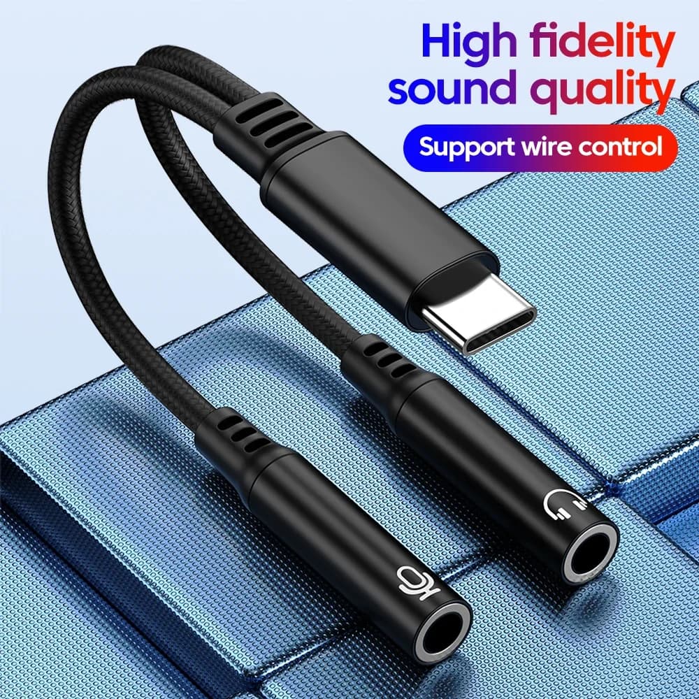 Cabo de áudio tipo c macho a conector de 3,5mm adaptador fêmea duplo dac 2 em 1 cabo divisor de microfone de voz y música par