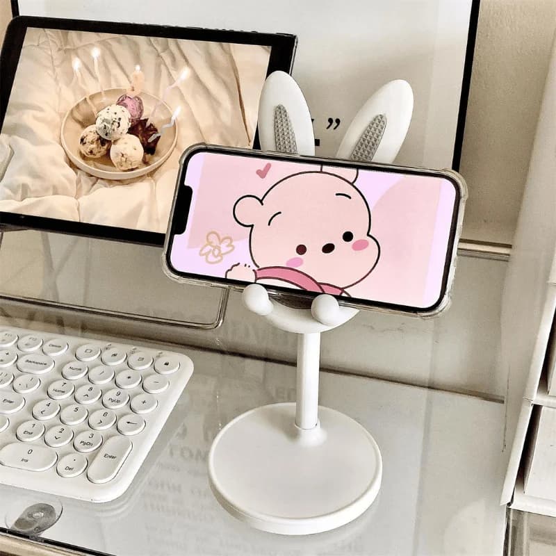 Suporte de telefone com design de coelho branco ajustável para mesa de escritório