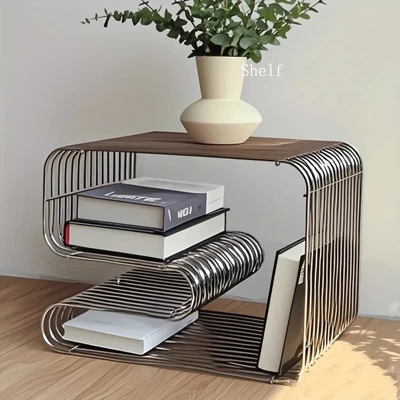 Mesa quadrada de metal com borda prateada, estante com padrão geométrico, porta-revistas e prateleira de armazenamento para sala de estar montada na parede