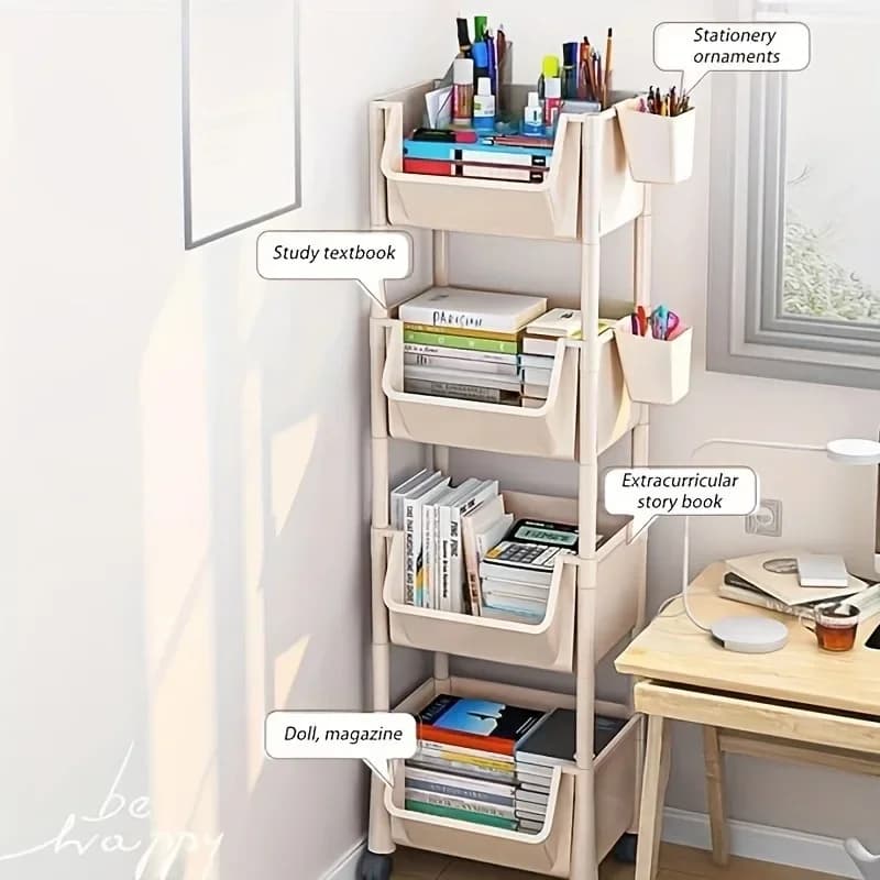 Estante de armazenamento móvel de 5 camadas em branco para sala de estar