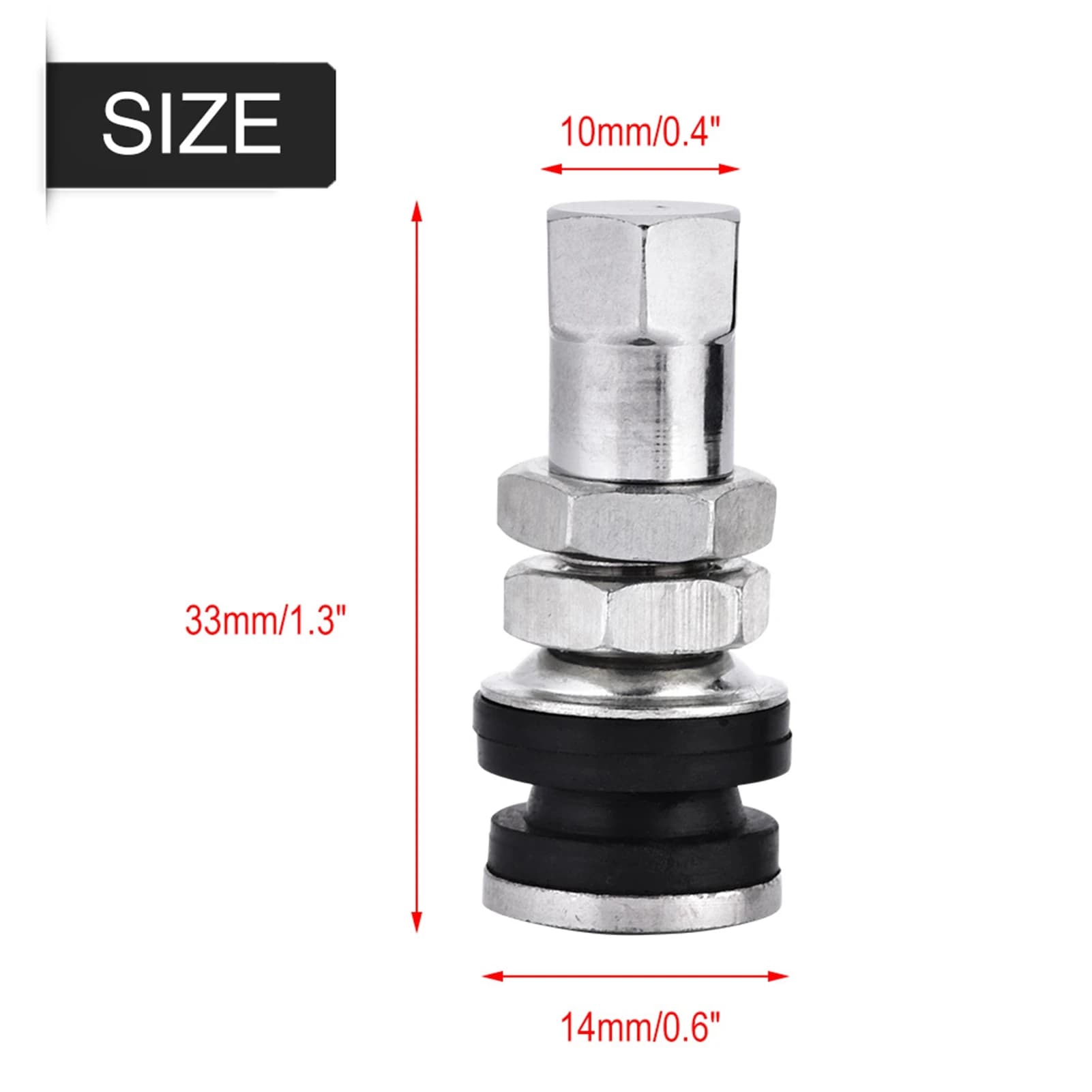 Válvula metálica TR161 para pneu com dimensões 33mm altura, 14mm base e 10mm topo