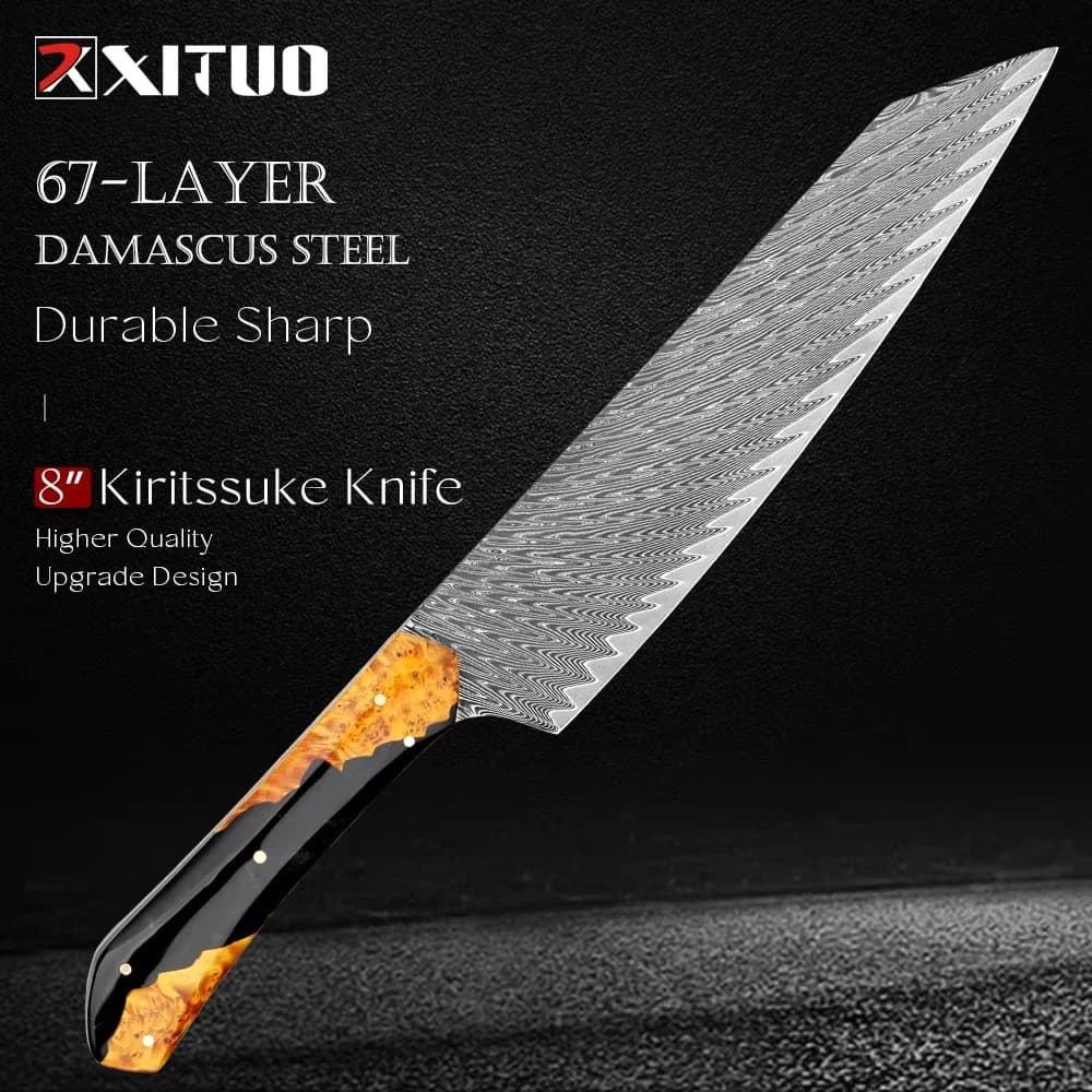Faca Kiritsuke XITUO de 8 polegadas, lâmina em aço damasco VG-10, cabo preto com detalhes em âmbar e ouro