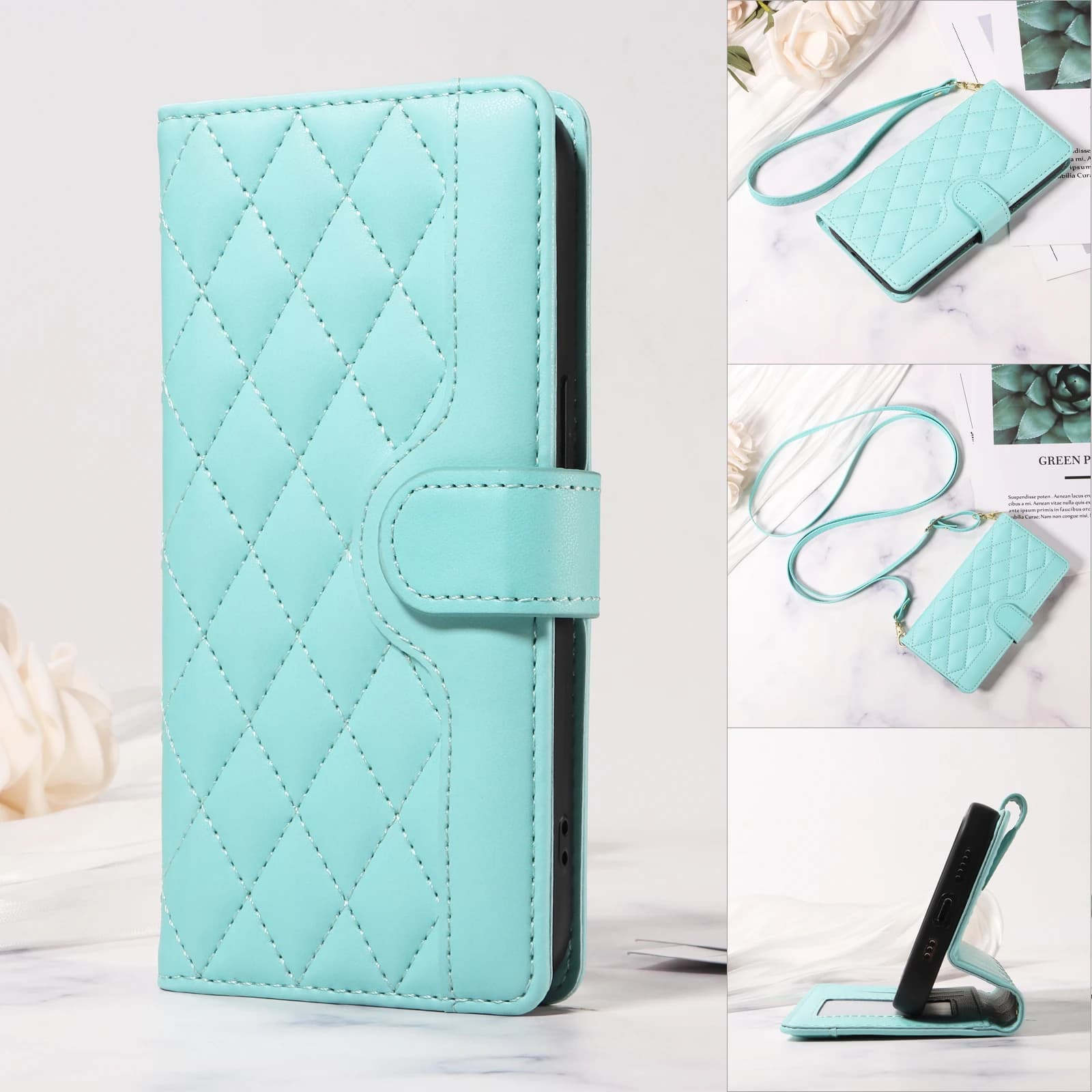 Capa de couro flip azul claro para smartphones Xiaomi, com design de carteira e padrão de diamantes.