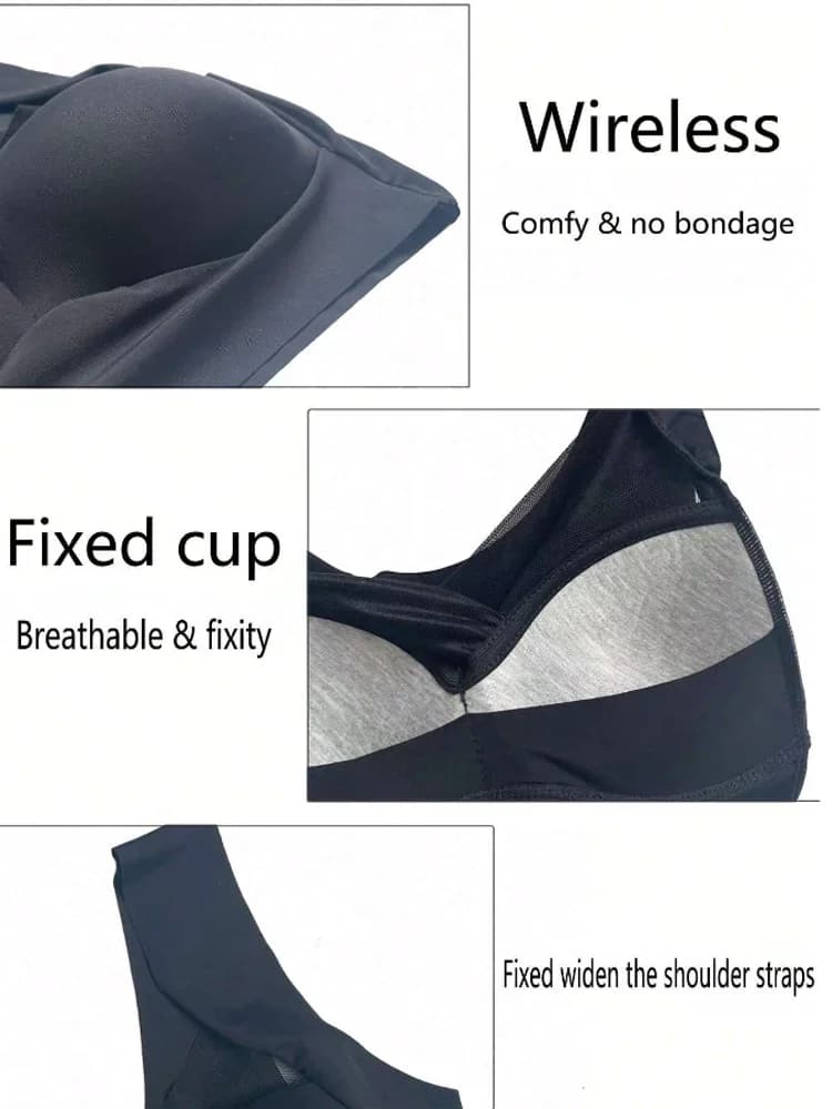 Detalhes do sutiã sem costura plus size preto com bojo fixo e alças largas confortáveis