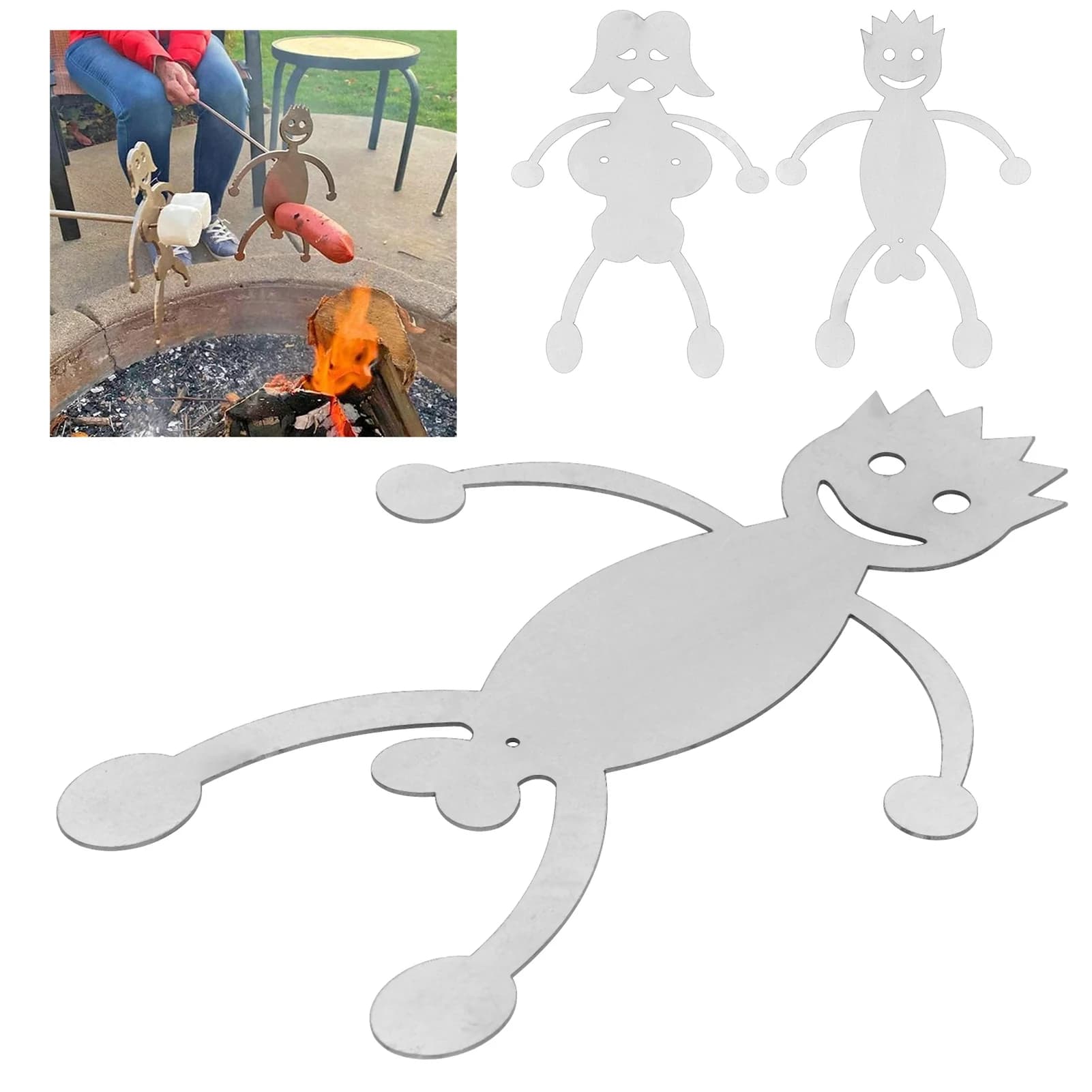 Espeto de churrasco reutilizável em aço inoxidável prateado formato boneco para salsichas e espetinhos