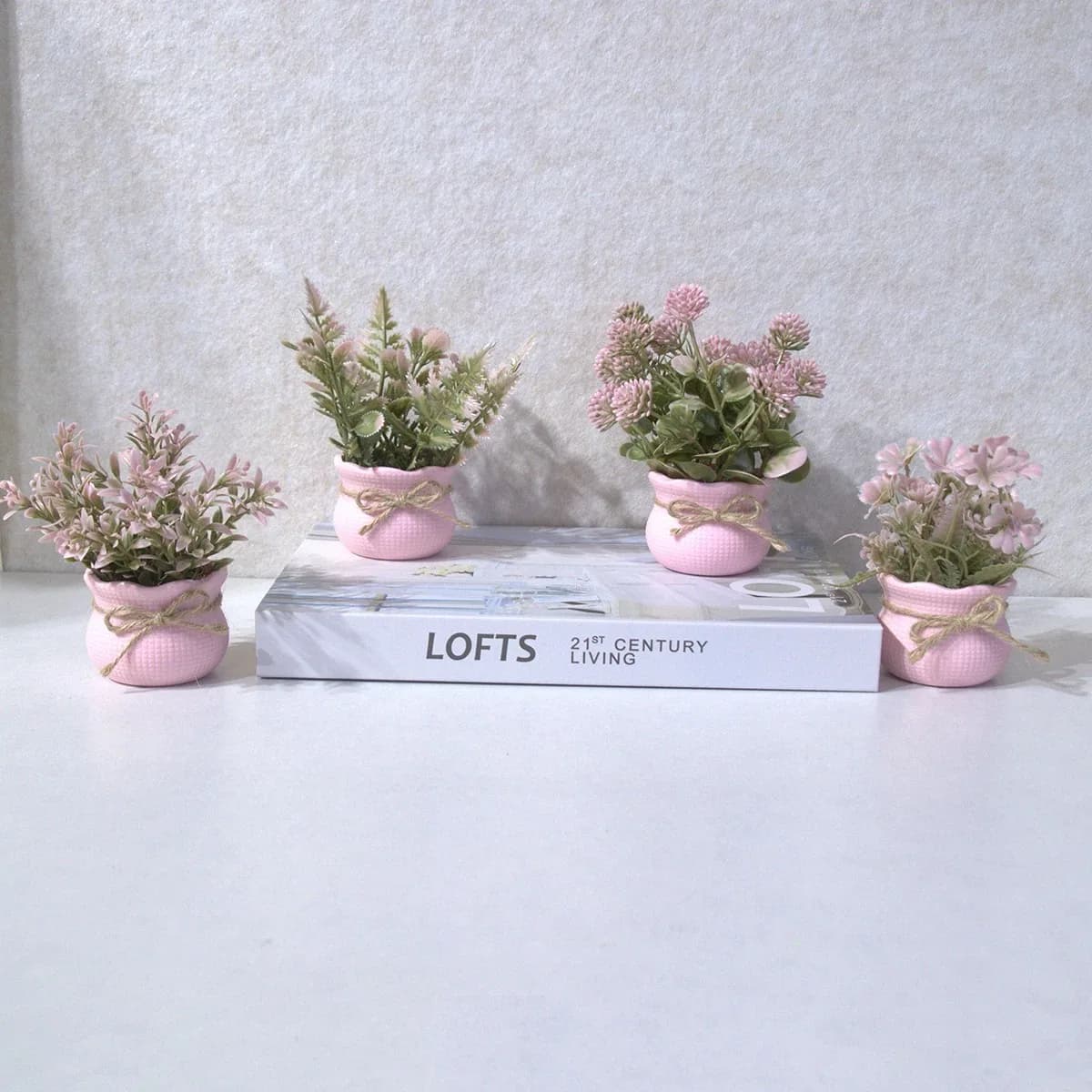 Mini plantas em vasos de flores artificiais rosa, decoração de casa, escritório/mesa/mesa de jantar/lavatório decoração plantas de simulação
