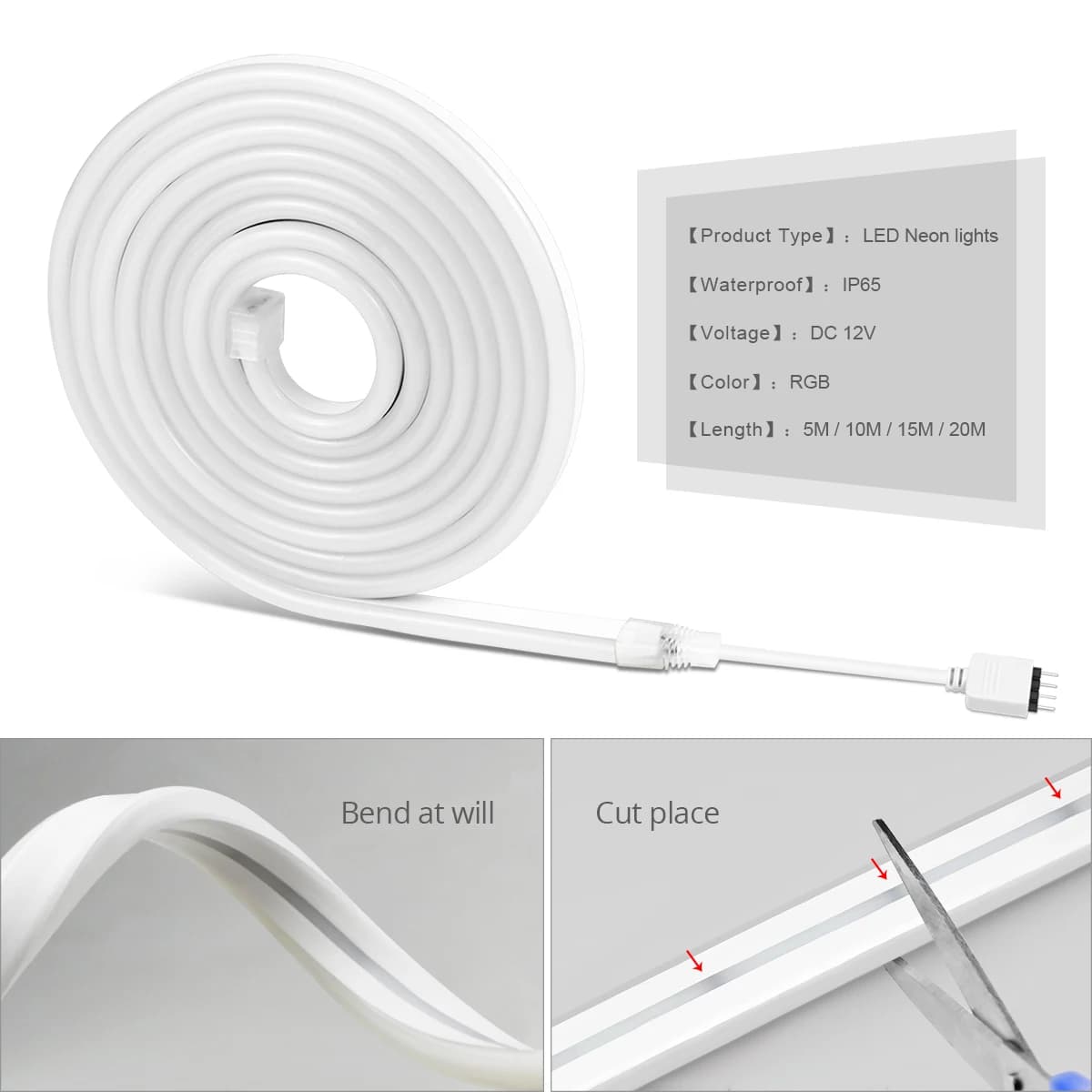 Tira de LED Neon RGB branca enrolada com conector, flexível e cortável, luzes neon 12V IP65