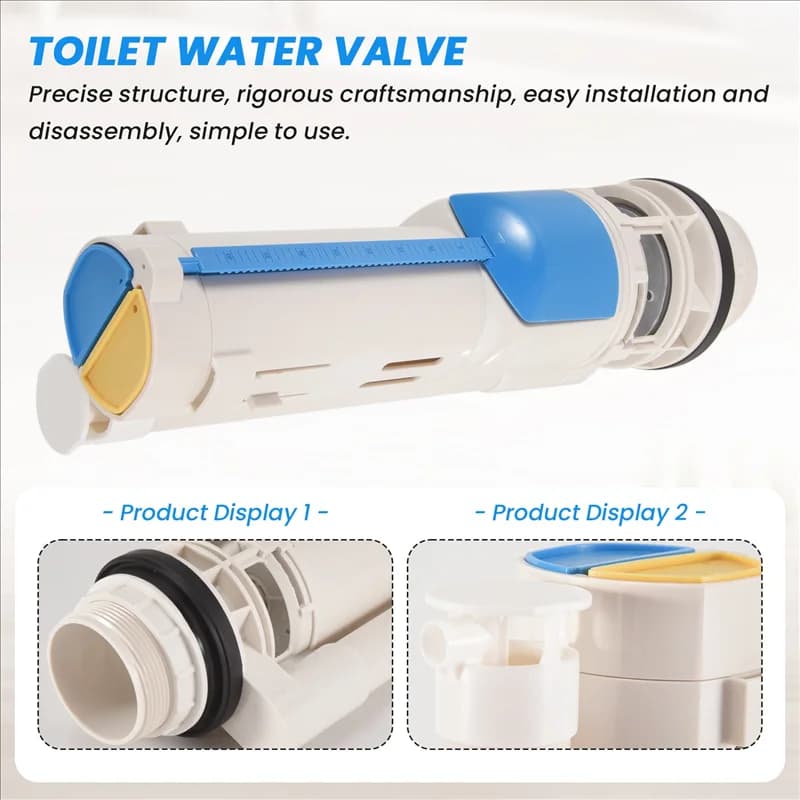 Válvula de água para vaso sanitário branca com botões azul e amarelo, escala de água e vedação preta
