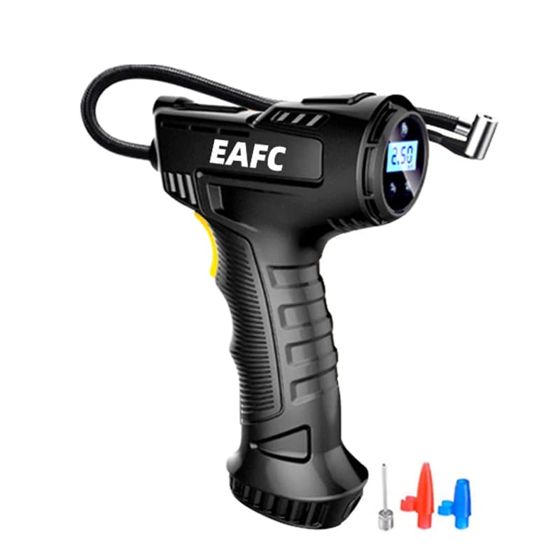 Bomba de ar inflável para pneus de carro EAFC, portátil e digital, com adaptadores coloridos.