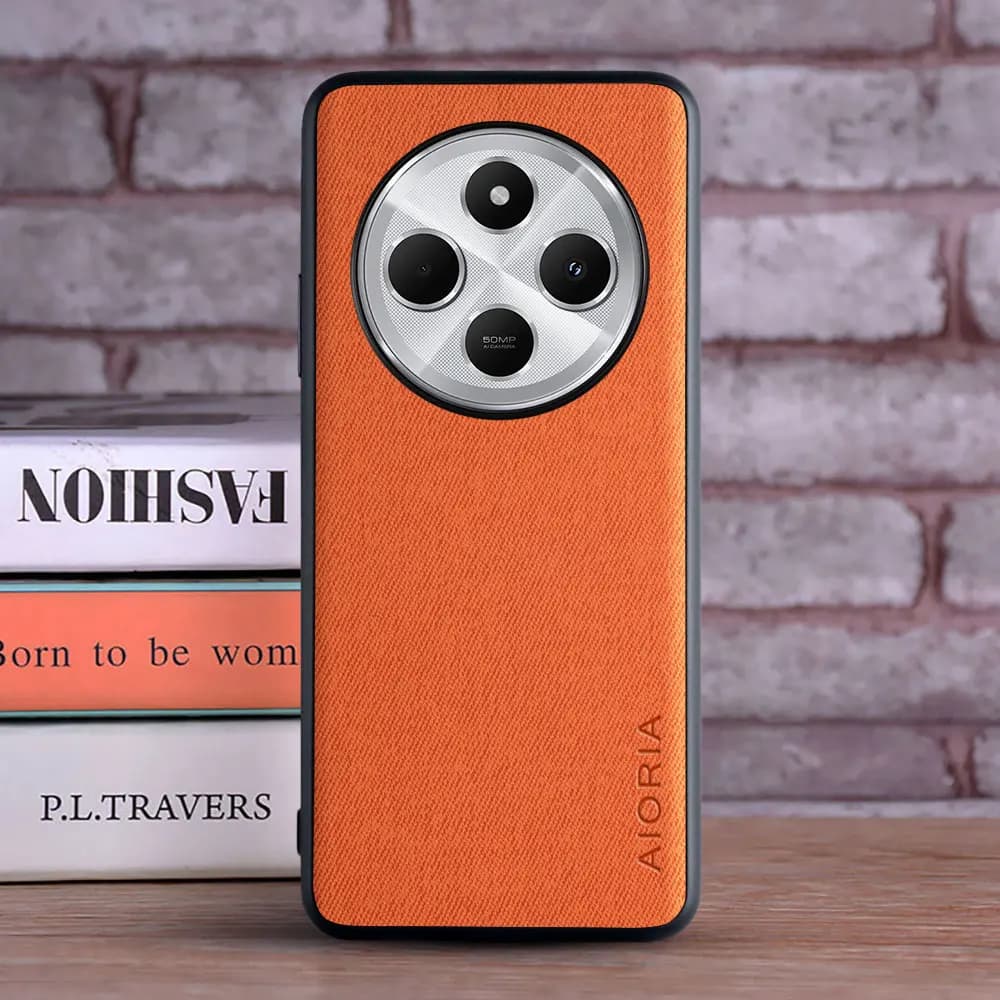 Capa para celular AIORIA laranja com textura de couro sintético para Redmi 13C com acabamento elegante