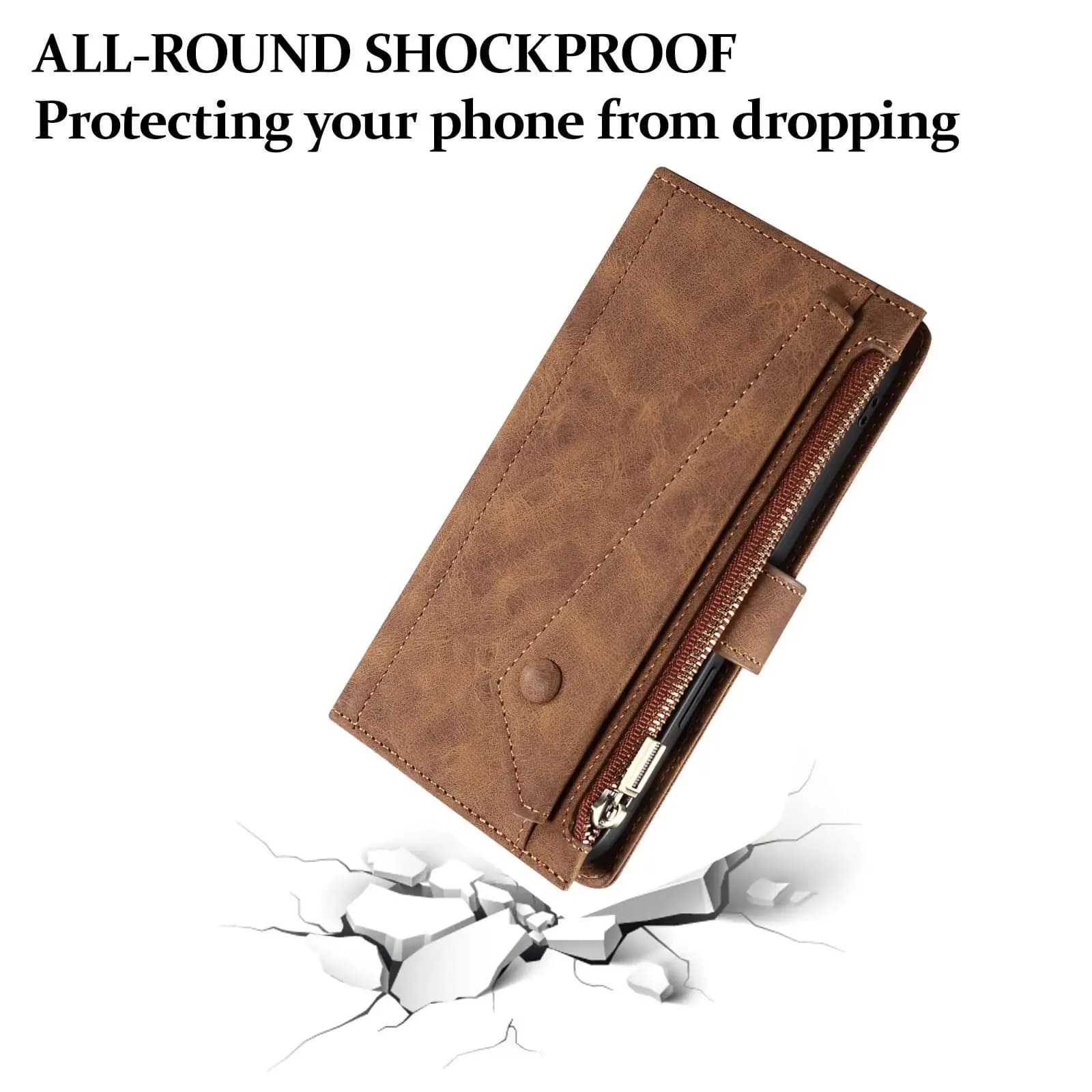 Capa carteira marrom para Poco Xiaomi com proteção shockproof e zíper para segurança do smartphone