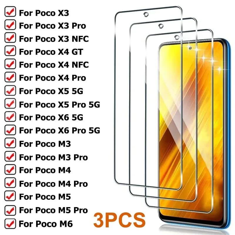 Protetores de tela transparentes para smartphones Xiaomi Poco X3, X3 Pro, X4 GT, X4 NFC, X4 Pro, X5 5G, X5 Pro 5G, X6 5G, X6 Pro 5G, M3, M3 Pro, M4, M4 Pro, M5, M5 Pro, M6.