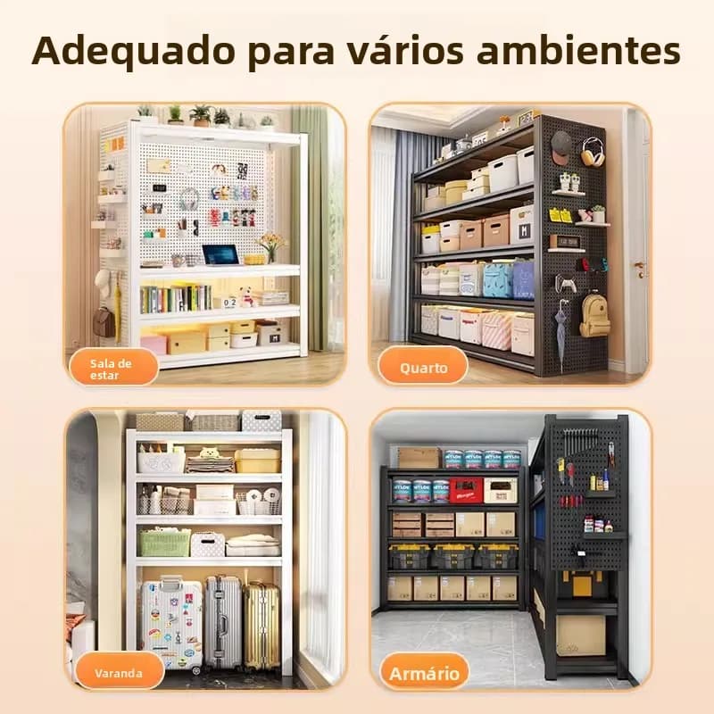 Prateleira organizadora multicamadas em ambientes variados como sala, quarto, varanda e armário, cores branca e preta